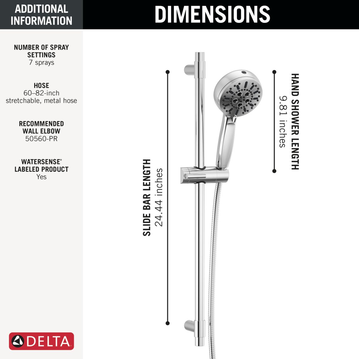 DELTA Universal Showering Components 7-Setting Slide Bar Hand Shower with Cleaning Spray — Lumicoat® Chrome