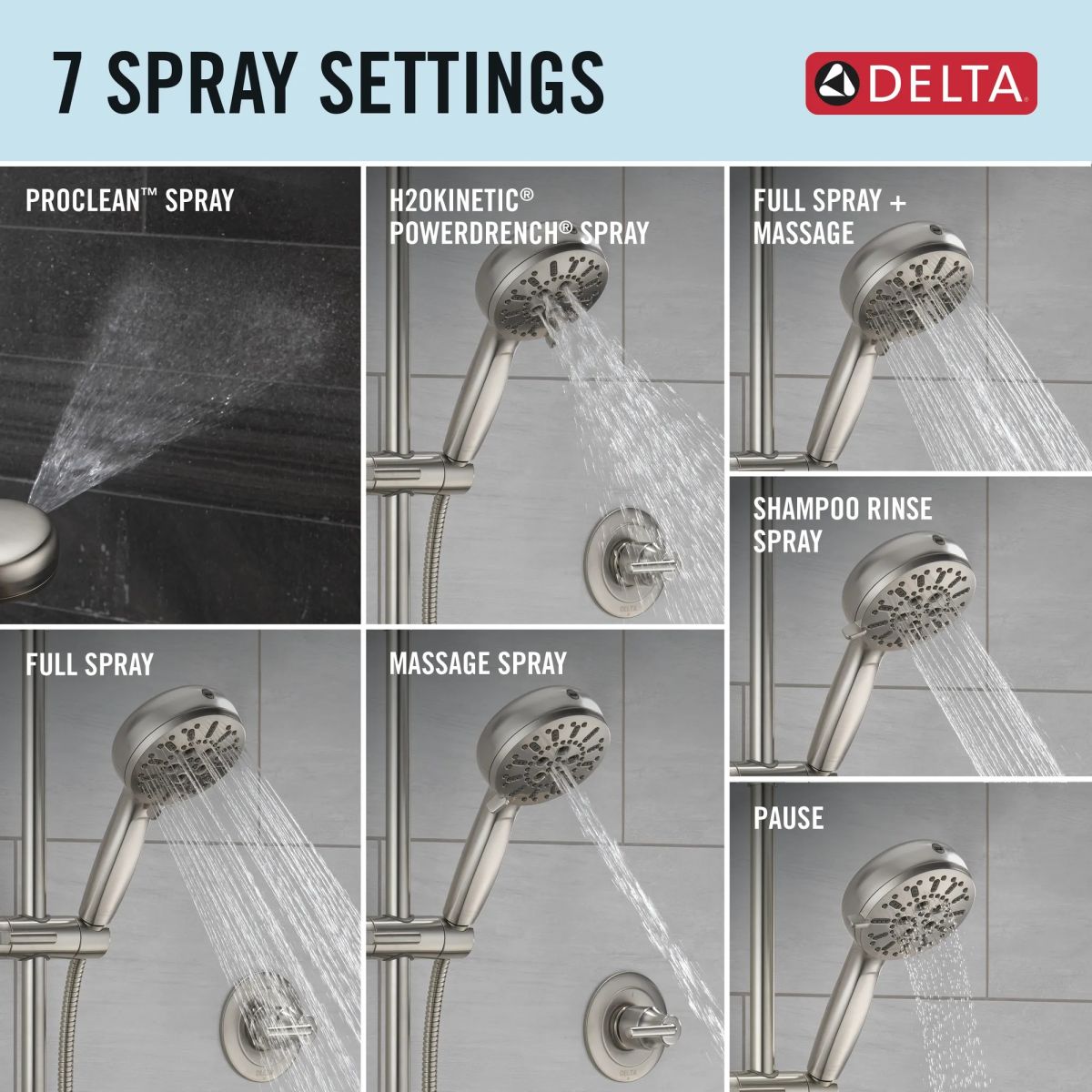 DELTA Universal Showering Components 7-Setting Slide Bar Hand Shower with Cleaning Spray — Lumicoat® Stainless