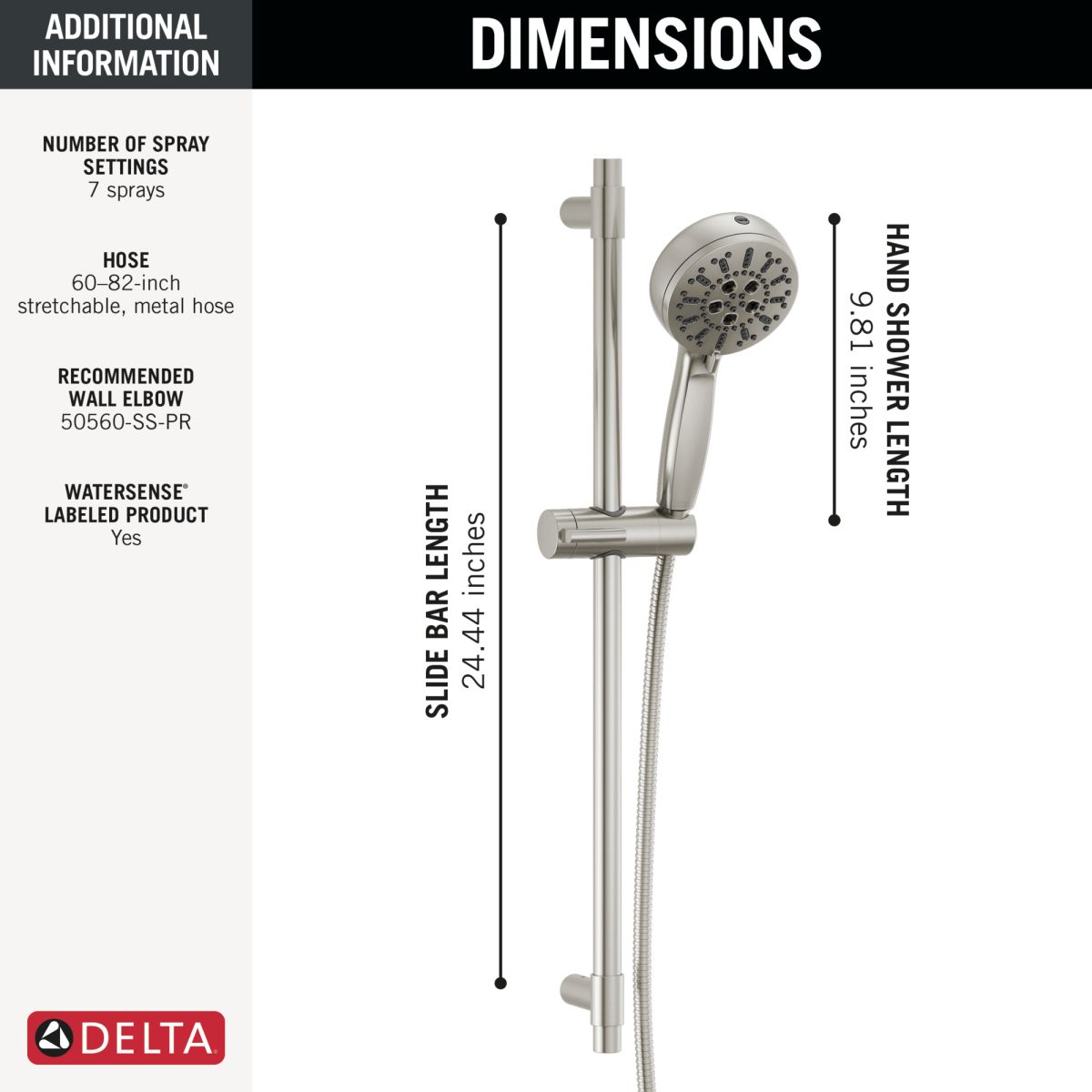 DELTA Universal Showering Components 7-Setting Slide Bar Hand Shower with Cleaning Spray — Lumicoat® Stainless