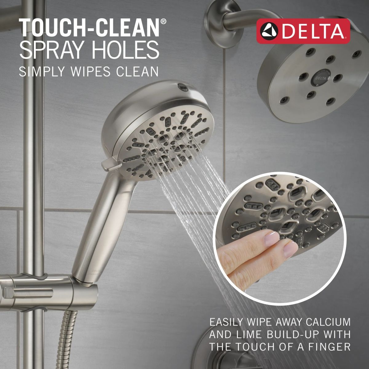 DELTA Universal Showering Components 7-Setting Slide Bar Hand Shower with Cleaning Spray — Lumicoat® Stainless