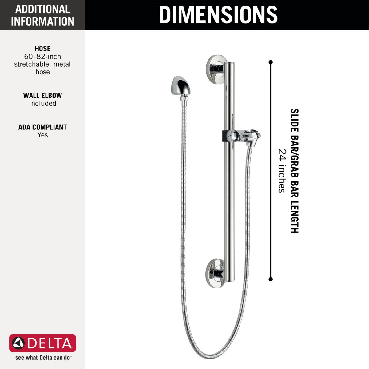 DELTA Universal Showering Components Adjustable Slide Bar / Grab Bar Assembly with Elbow — Chrome