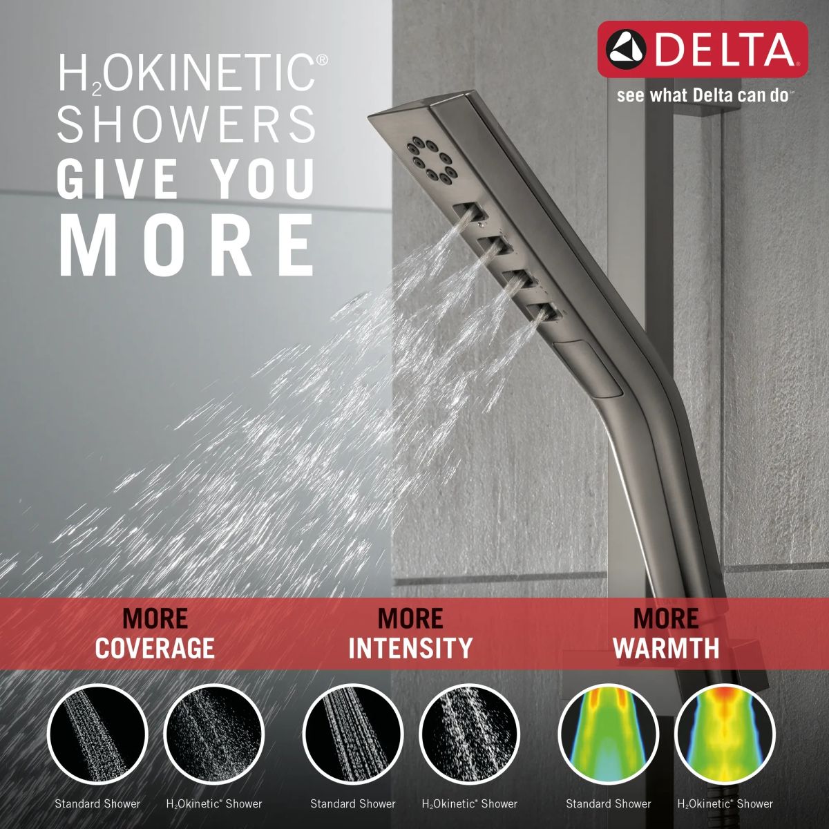 DELTA Universal Showering Components H2OKINETIC 3-Setting Slide Bar Hand Shower — Lumicoat® Black Stainless