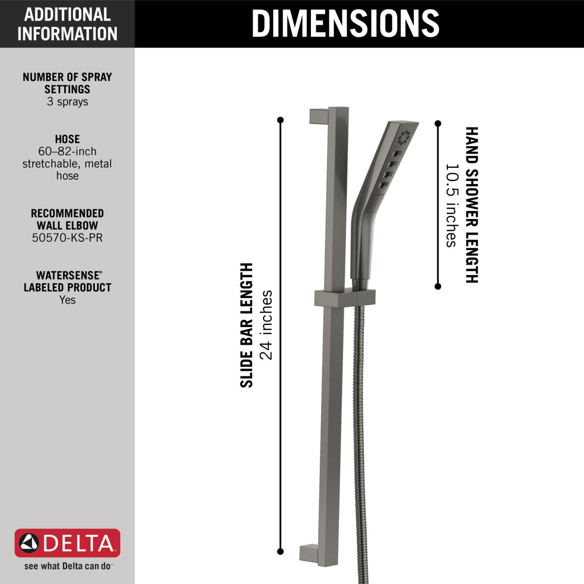 DELTA Universal Showering Components H2OKINETIC 3-Setting Slide Bar Hand Shower — Lumicoat® Black Stainless