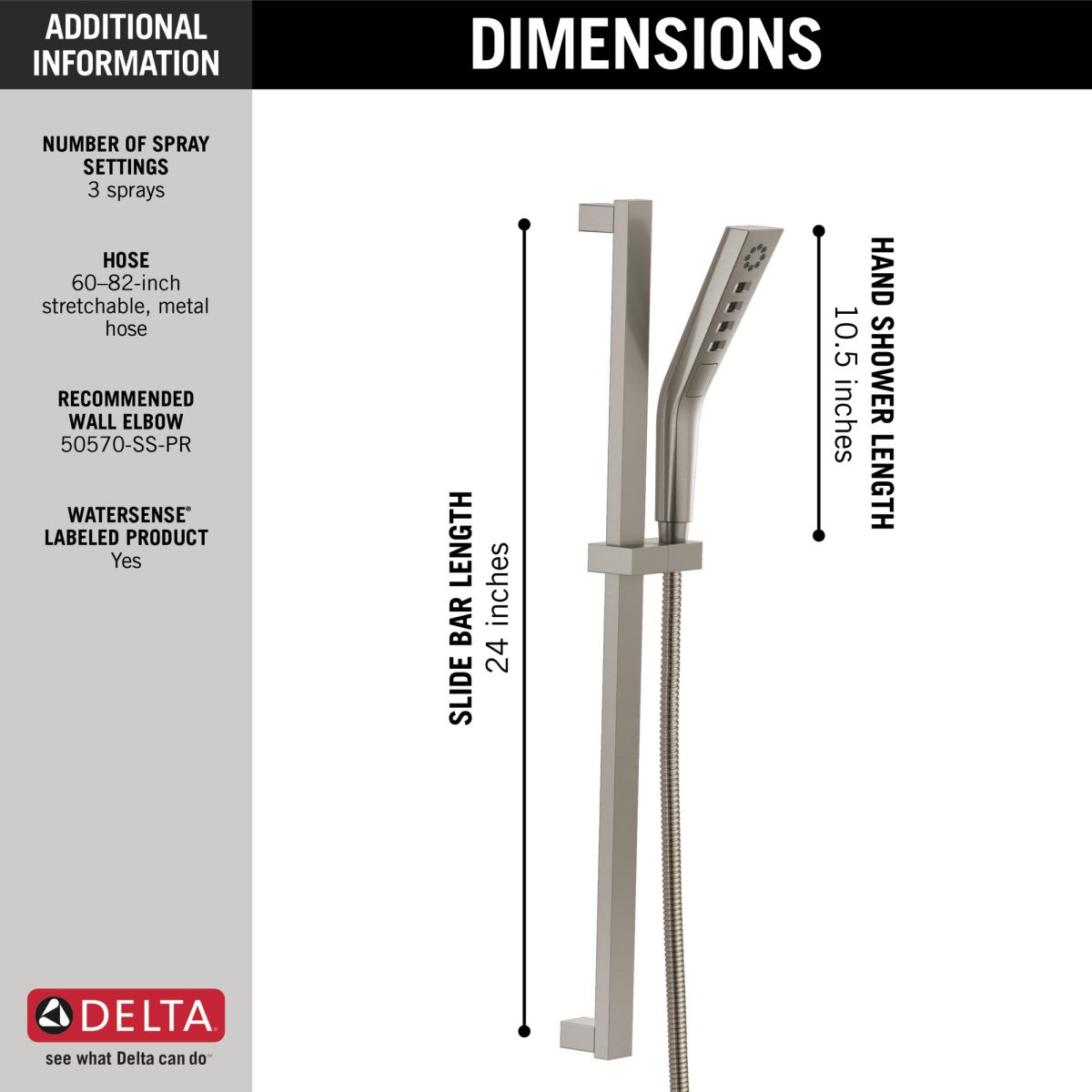 DELTA Universal Showering Components H2OKINETIC 3-Setting Slide Bar Hand Shower — Lumicoat® Stainless
