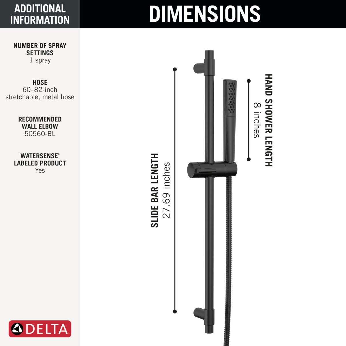 DELTA Universal Showering Components Premium Single-Setting Slide Bar Hand Shower — Matte Black