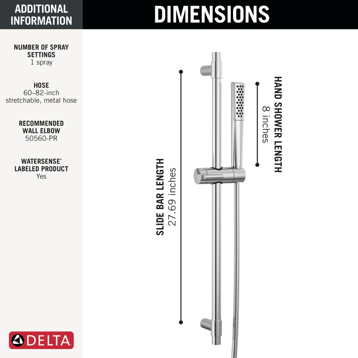DELTA Universal Showering Components Premium Single-Setting Slide Bar Hand Shower — Lumicoat® Chrome