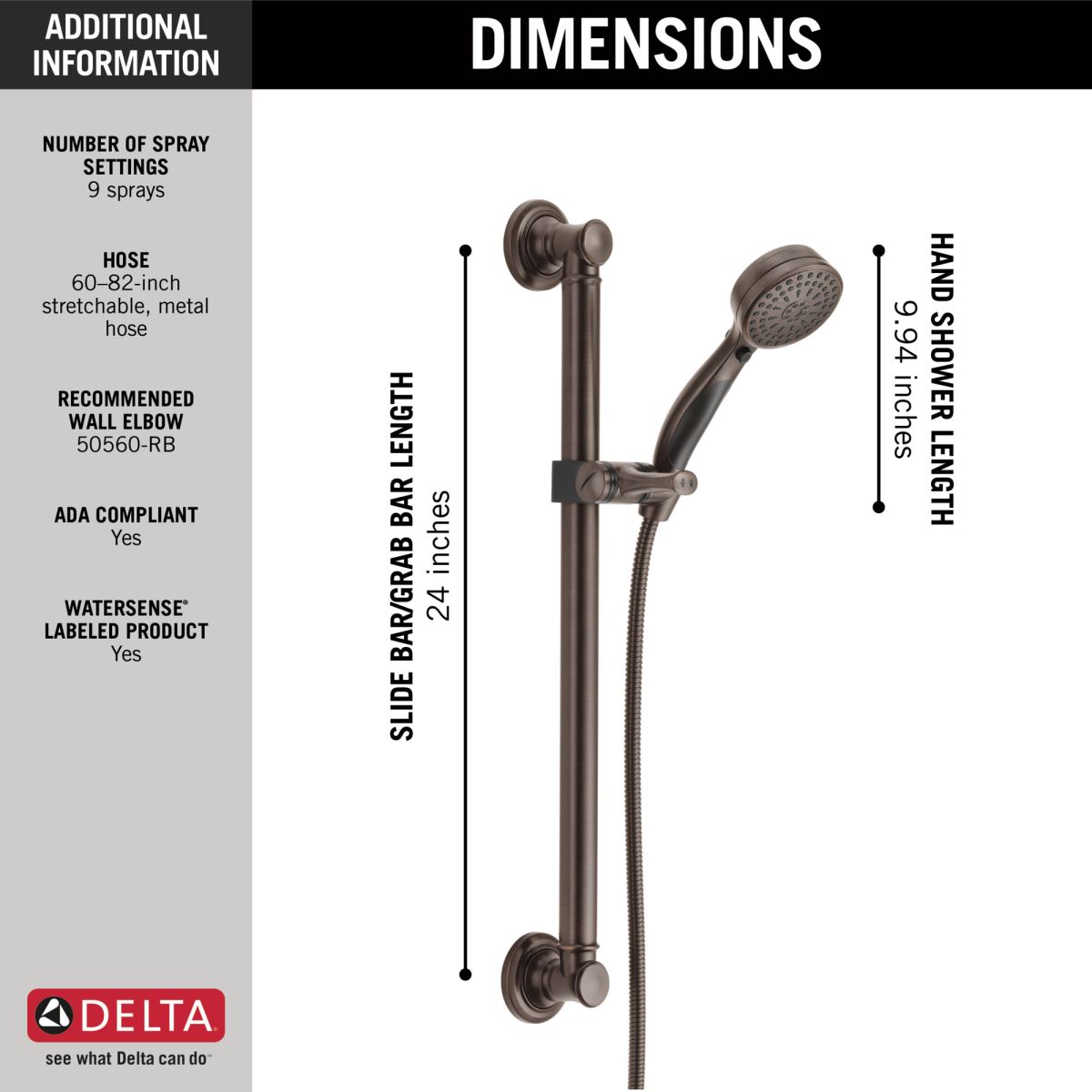 DELTA Universal Showering Components ActivTouch 9-Setting Hand Shower with Traditional Slide Bar / Grab Bar — Venetian Bronze