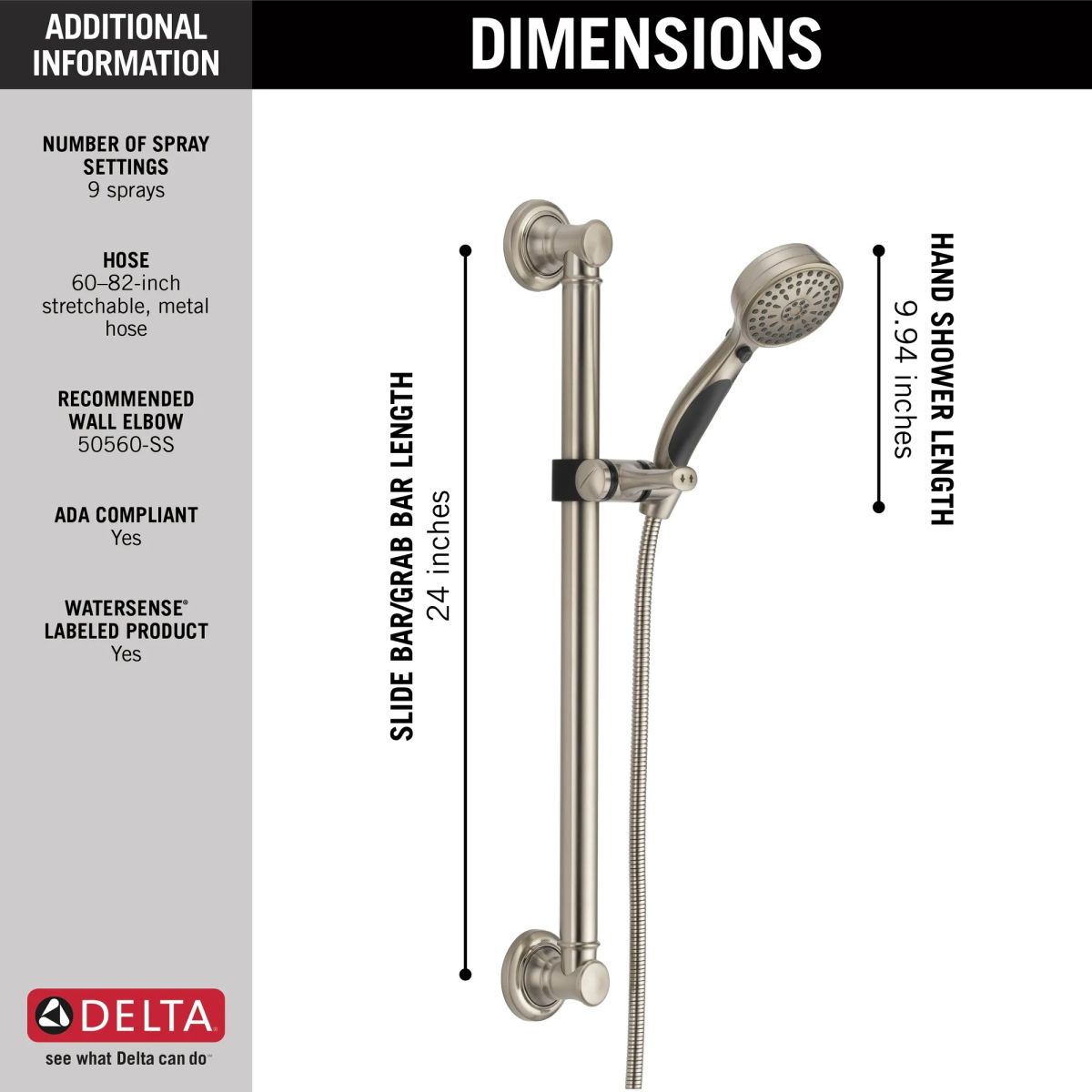 DELTA Universal Showering Components ActivTouch 9-Setting Hand Shower with Traditional Slide Bar / Grab Bar — Stainless