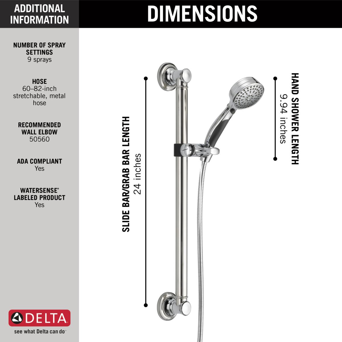 DELTA Universal Showering Components ActivTouch 9-Setting Hand Shower with Traditional Slide Bar / Grab Bar — Chrome