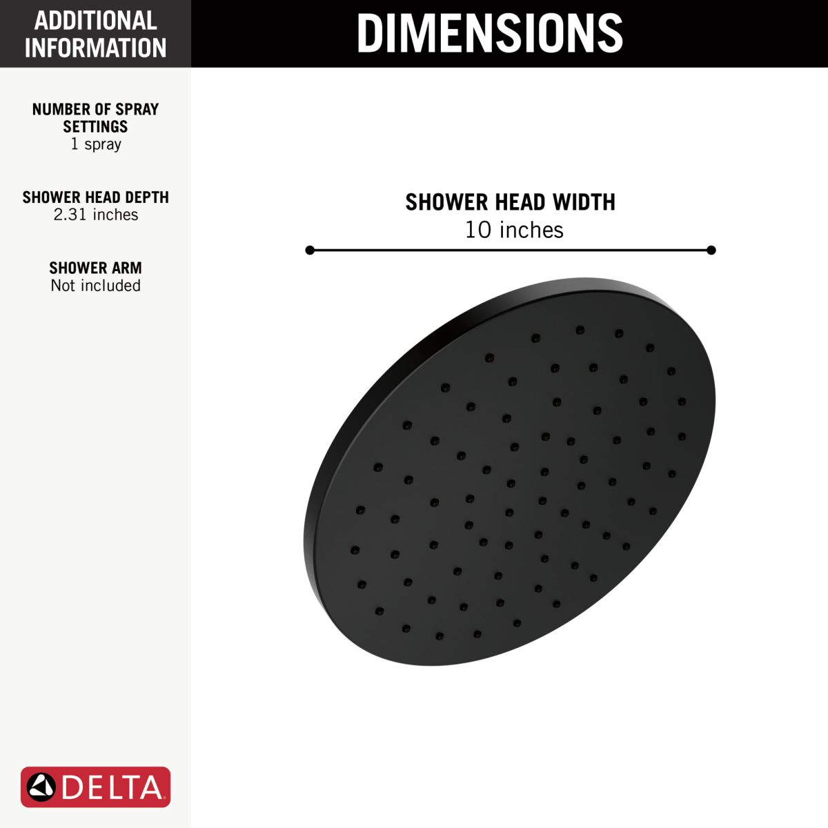 DELTA Universal Showering Components 10" Single-Function Raincan Shower Head — Matte Black