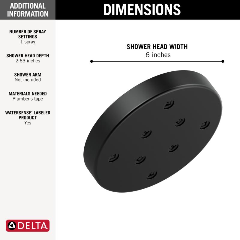 DELTA Universal Showering Components H2OKINETIC Single-Setting Metal Raincan Shower Head — Matte Black