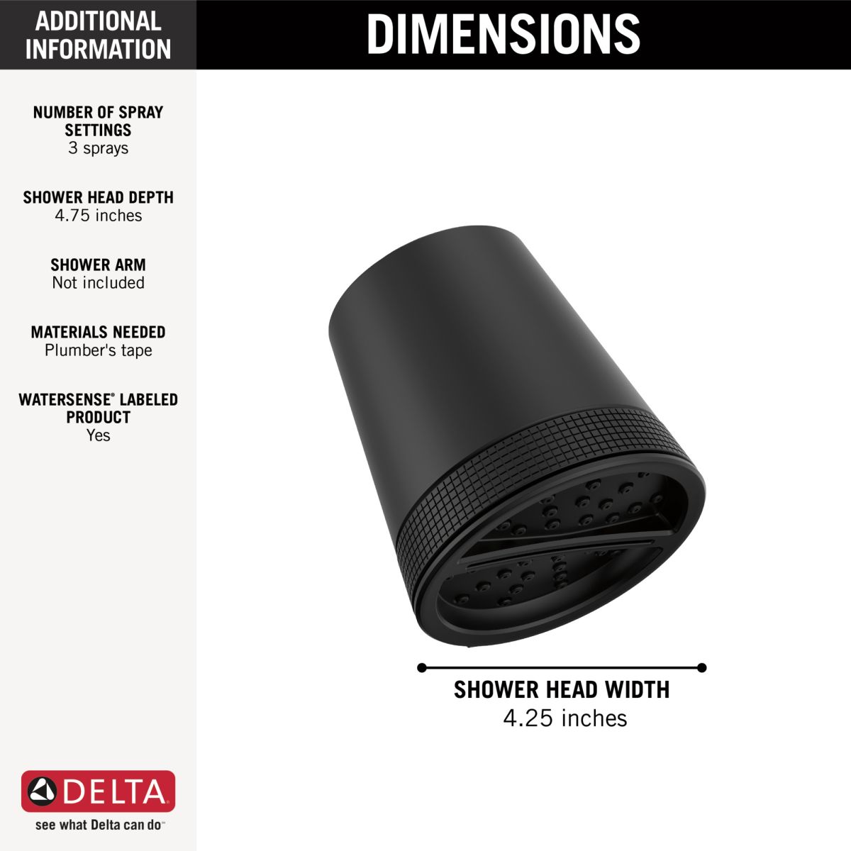 DELTA Universal Showering Components 3-Setting Showerhead — Matte Black