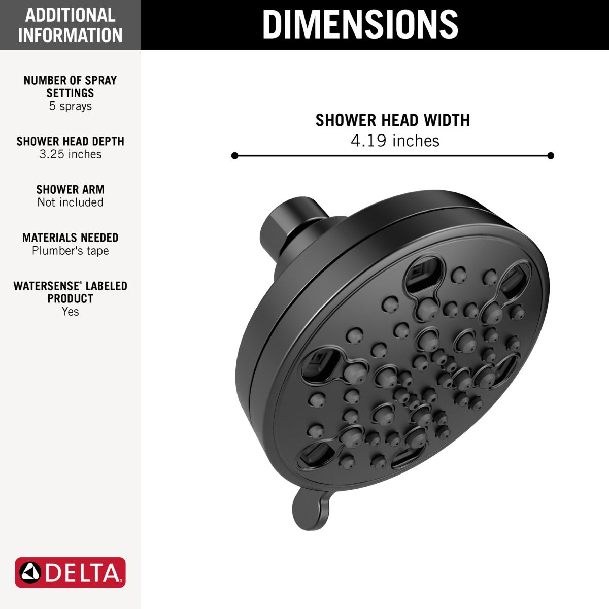 DELTA Universal Showering Components H2OKINETIC 5-Setting Contemporary Shower Head — Matte Black