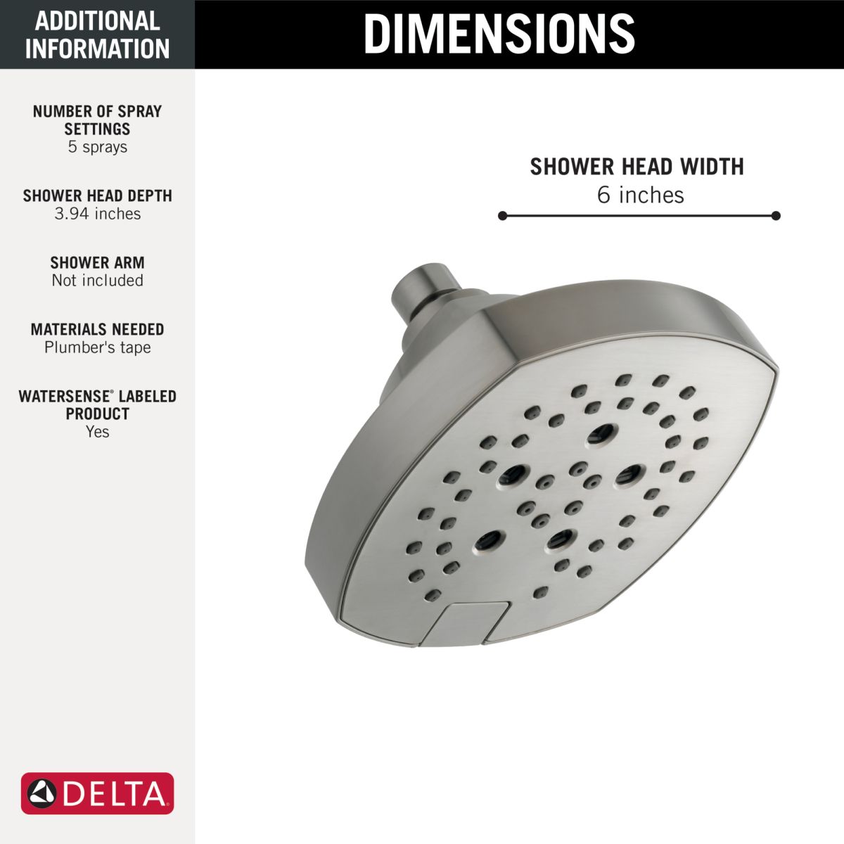 DELTA Universal Showering Components H2OKINETIC 5-Setting  Shower Head — Lumicoat® Stainless