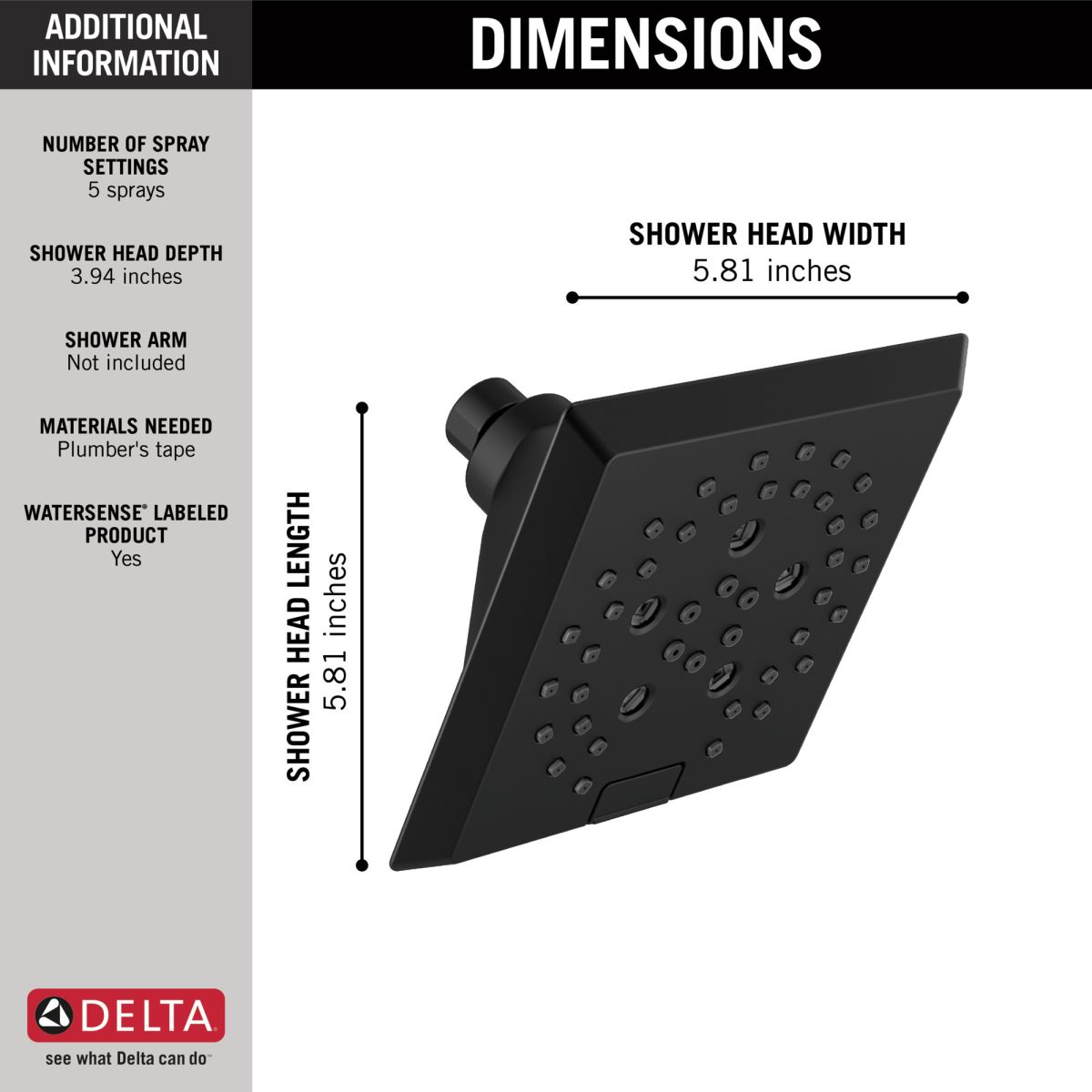 DELTA Universal Showering Components H2OKINETIC 5-Setting Angular Modern Raincan Shower Head — Matte Black