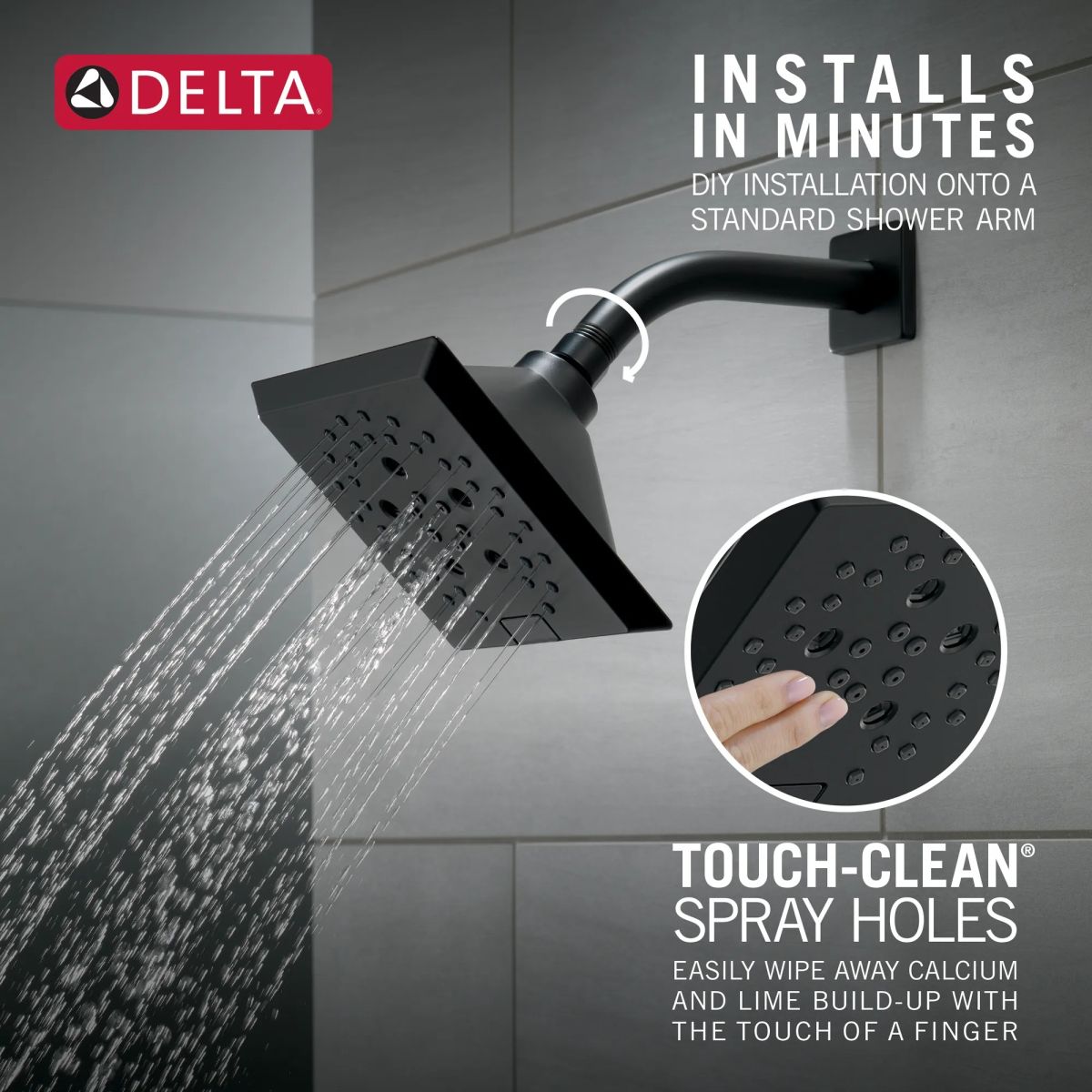 DELTA Universal Showering Components H2OKINETIC 5-Setting Angular Modern Raincan Shower Head — Matte Black