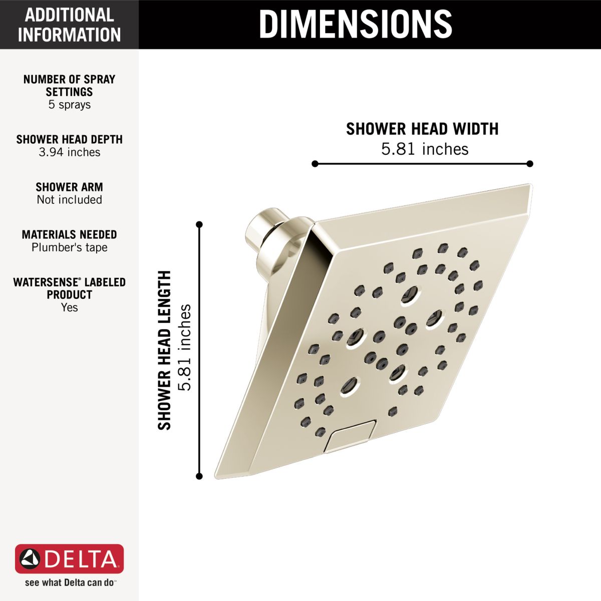 DELTA Universal Showering Components H2OKINETIC 5-Setting Angular Modern Raincan Shower Head — Lumicoat® Polished Nickel
