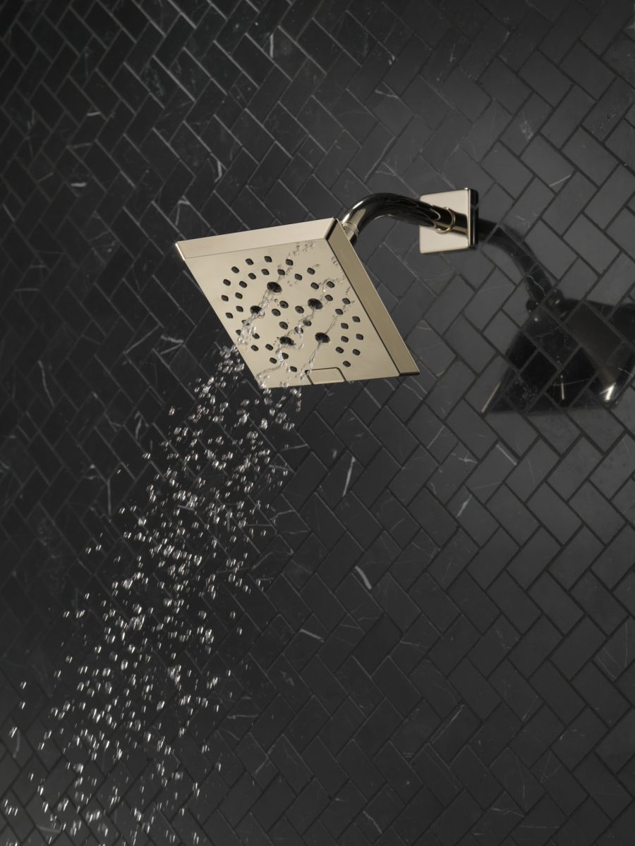 DELTA Universal Showering Components H2OKINETIC 5-Setting Angular Modern Raincan Shower Head — Lumicoat® Polished Nickel