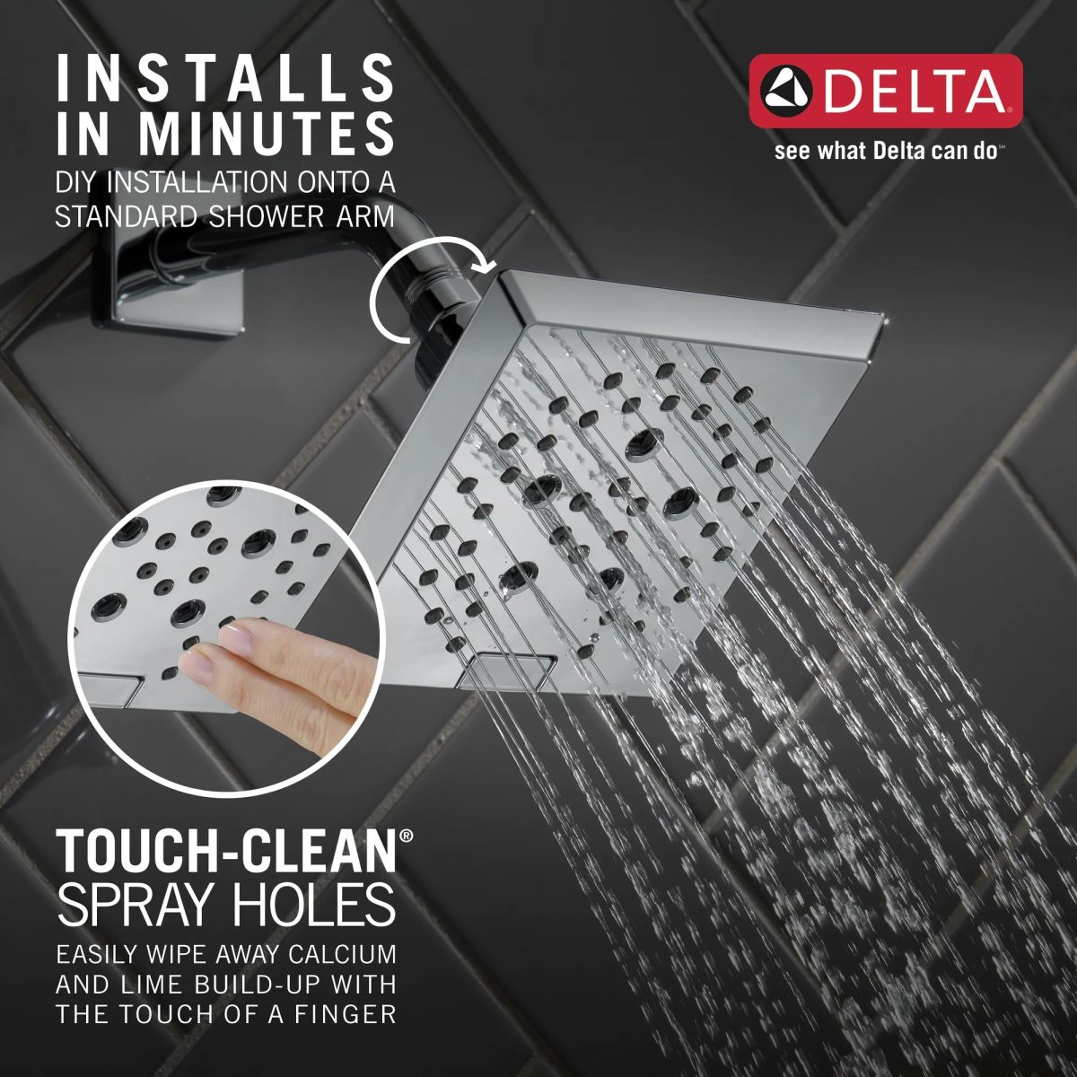 DELTA Universal Showering Components H2OKINETIC 5-Setting Angular Modern Raincan Shower Head — Lumicoat® Chrome