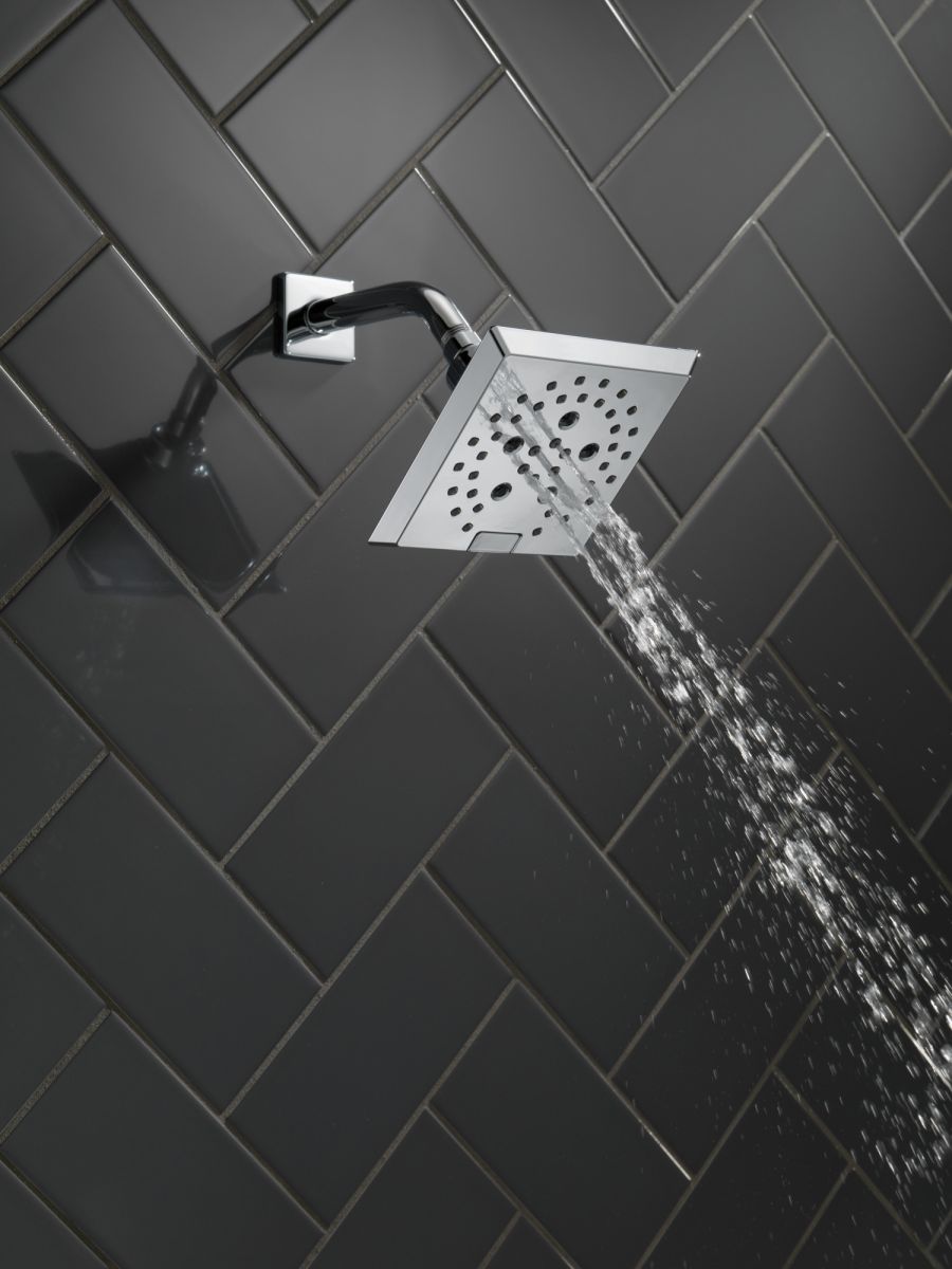 DELTA Universal Showering Components H2OKINETIC 5-Setting Angular Modern Raincan Shower Head — Lumicoat® Chrome