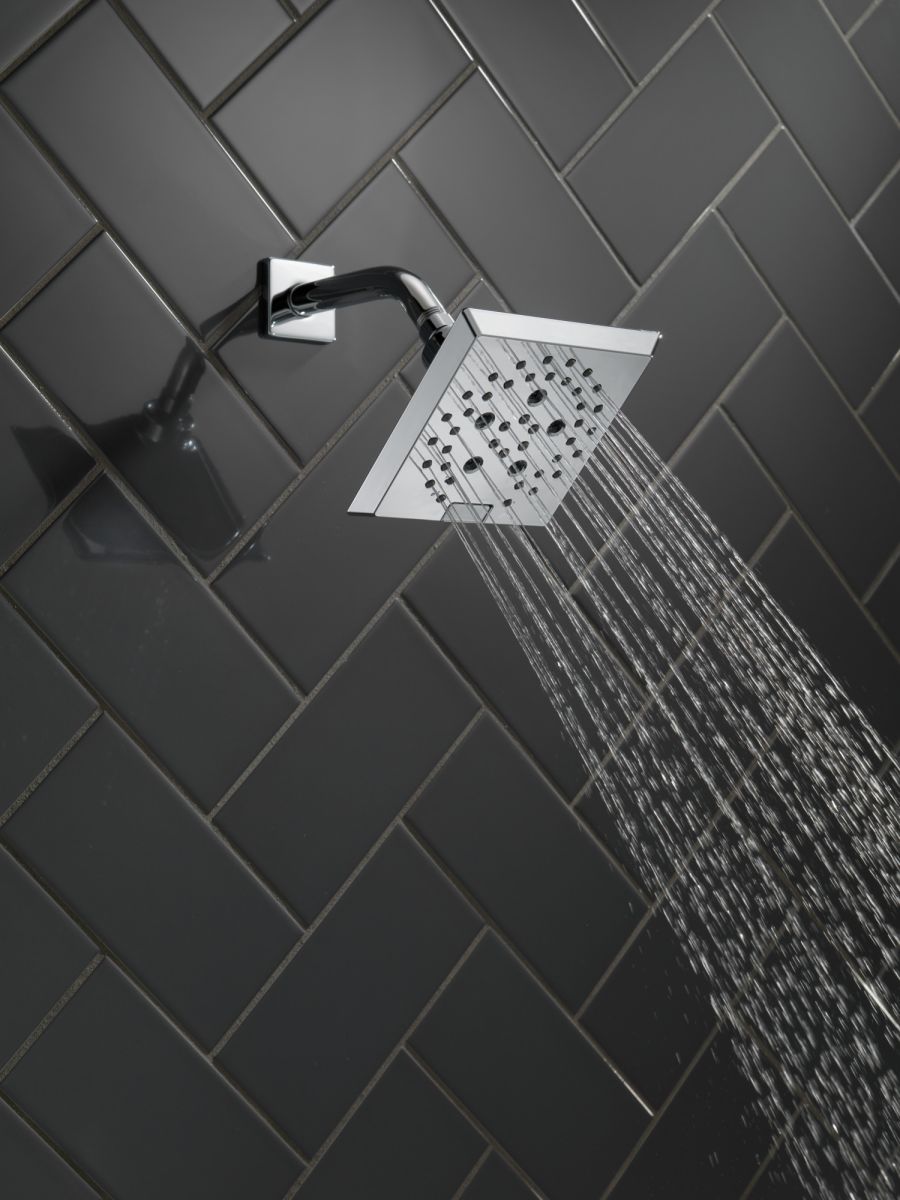 DELTA Universal Showering Components H2OKINETIC 5-Setting Angular Modern Raincan Shower Head — Lumicoat® Chrome