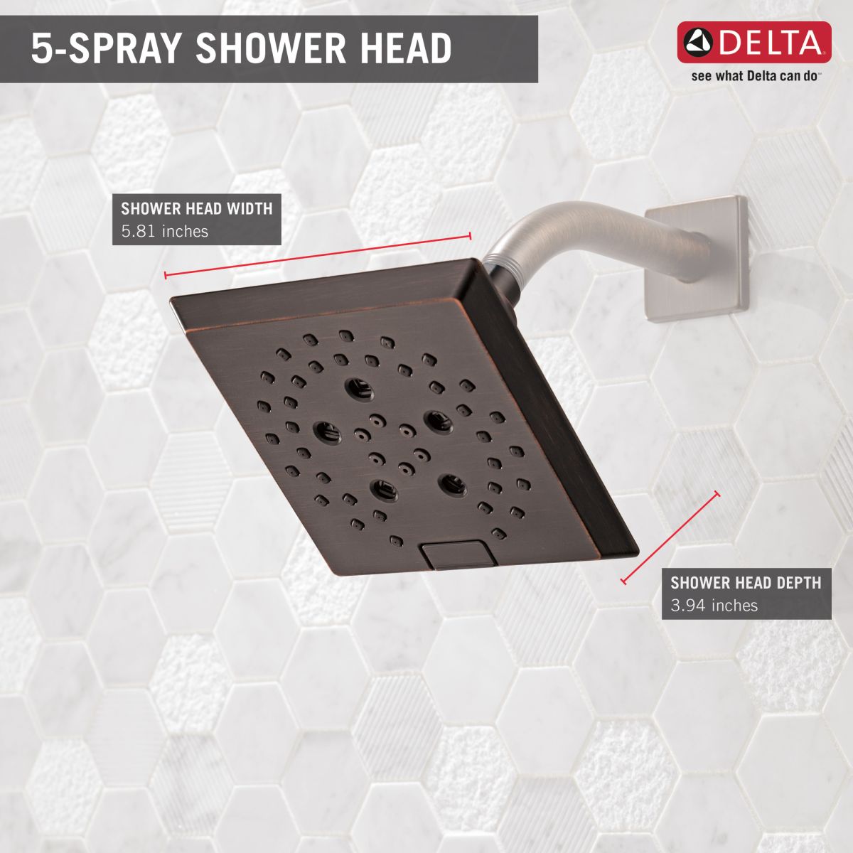 DELTA Universal Showering Components H2OKINETIC 5-Setting Angular Modern Raincan Shower Head — Venetian Bronze