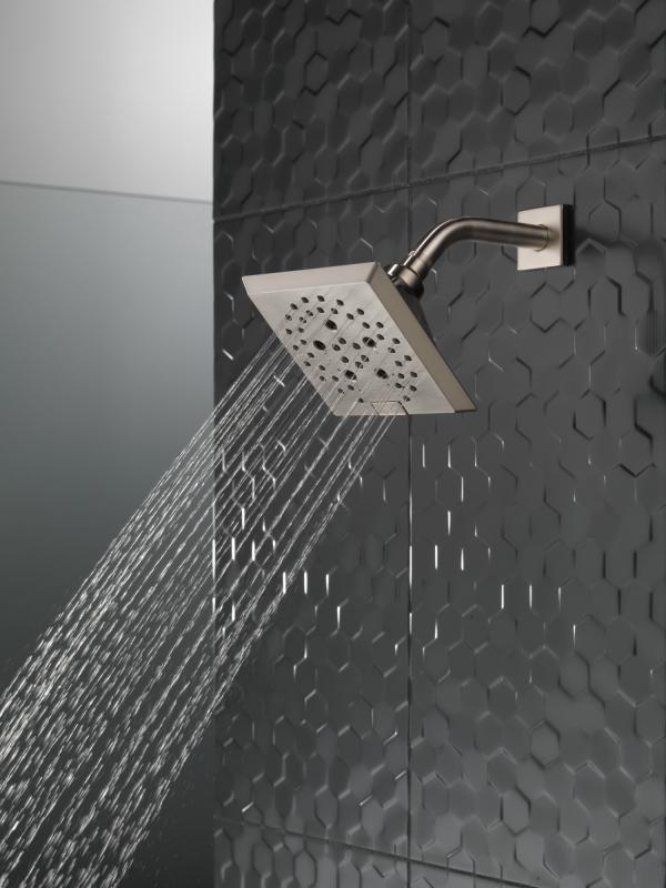 DELTA Universal Showering Components H2OKINETIC 5-Setting Angular Modern Raincan Shower Head — Lumicoat® Stainless