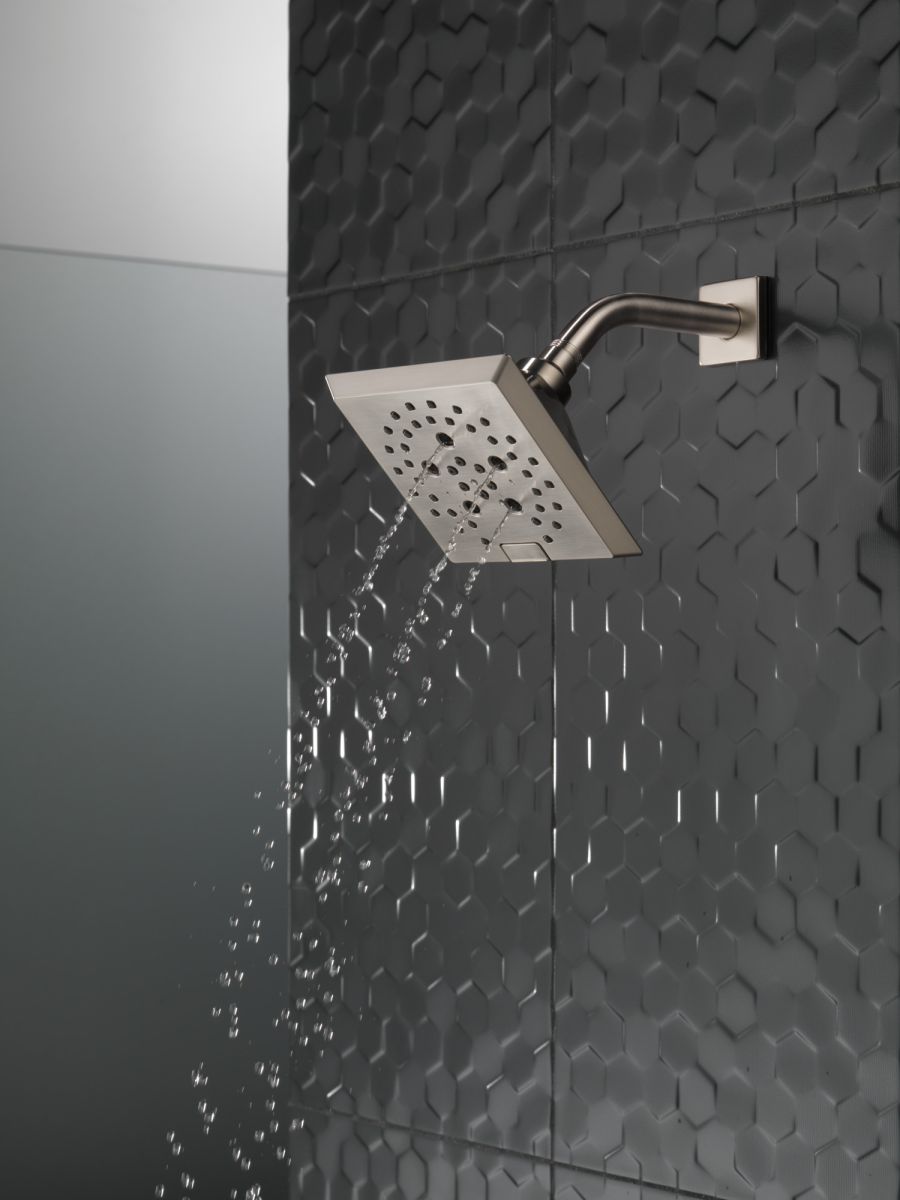 DELTA Universal Showering Components H2OKINETIC 5-Setting Angular Modern Raincan Shower Head — Lumicoat® Stainless