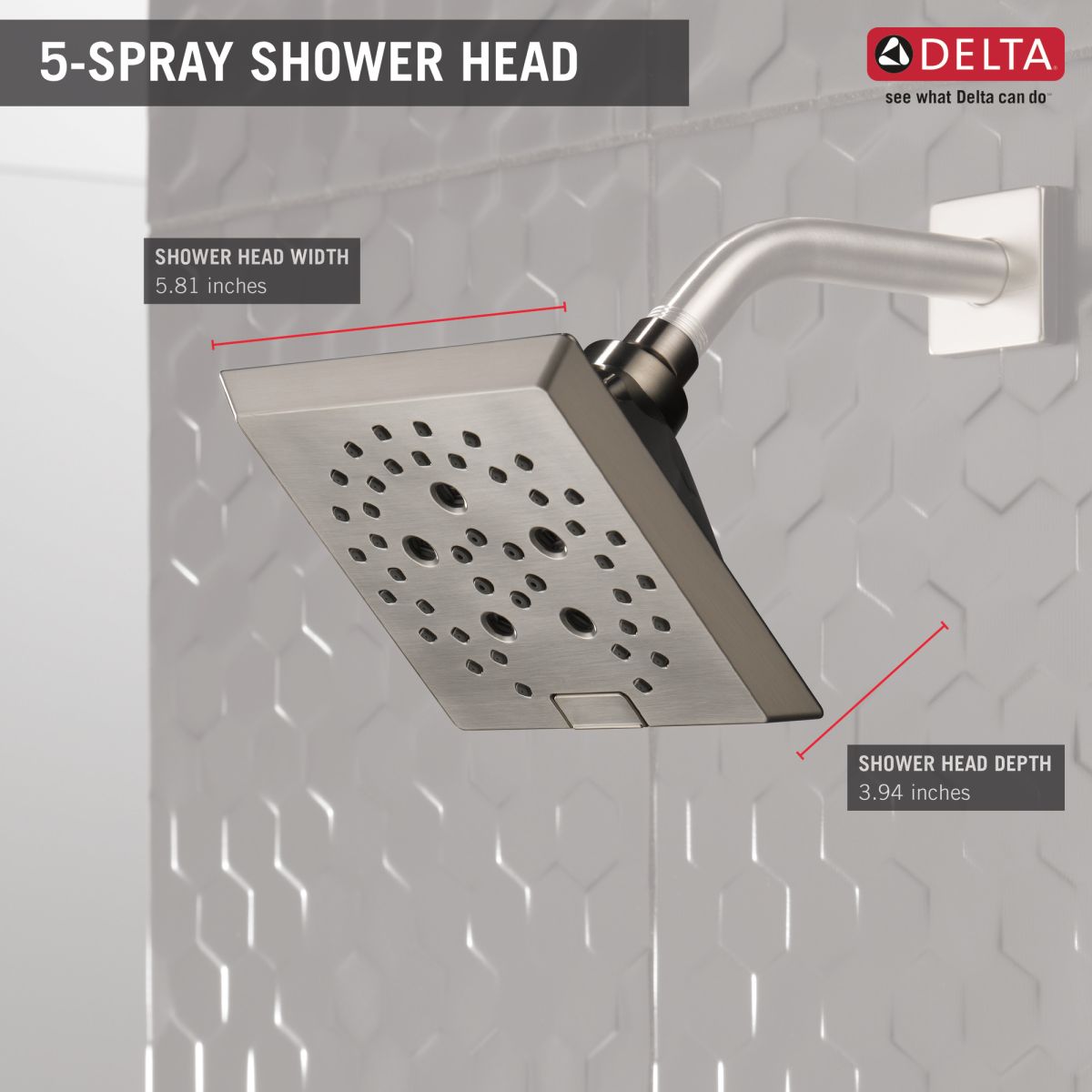 DELTA Universal Showering Components H2OKINETIC 5-Setting Angular Modern Raincan Shower Head — Stainless