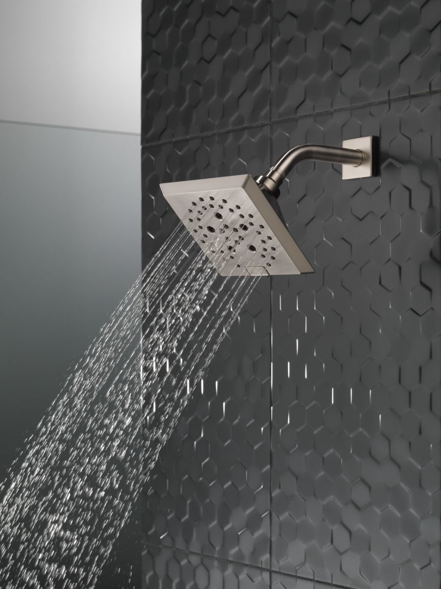 DELTA Universal Showering Components H2OKINETIC 5-Setting Angular Modern Raincan Shower Head — Stainless