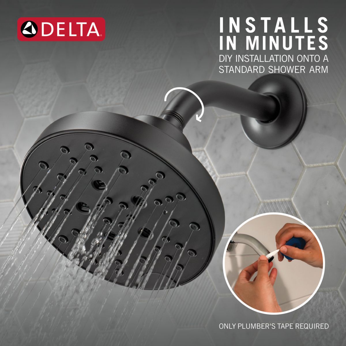 DELTA Universal Showering Components H2OKINETIC 5-Setting Contemporary Raincan Shower Head — Matte Black