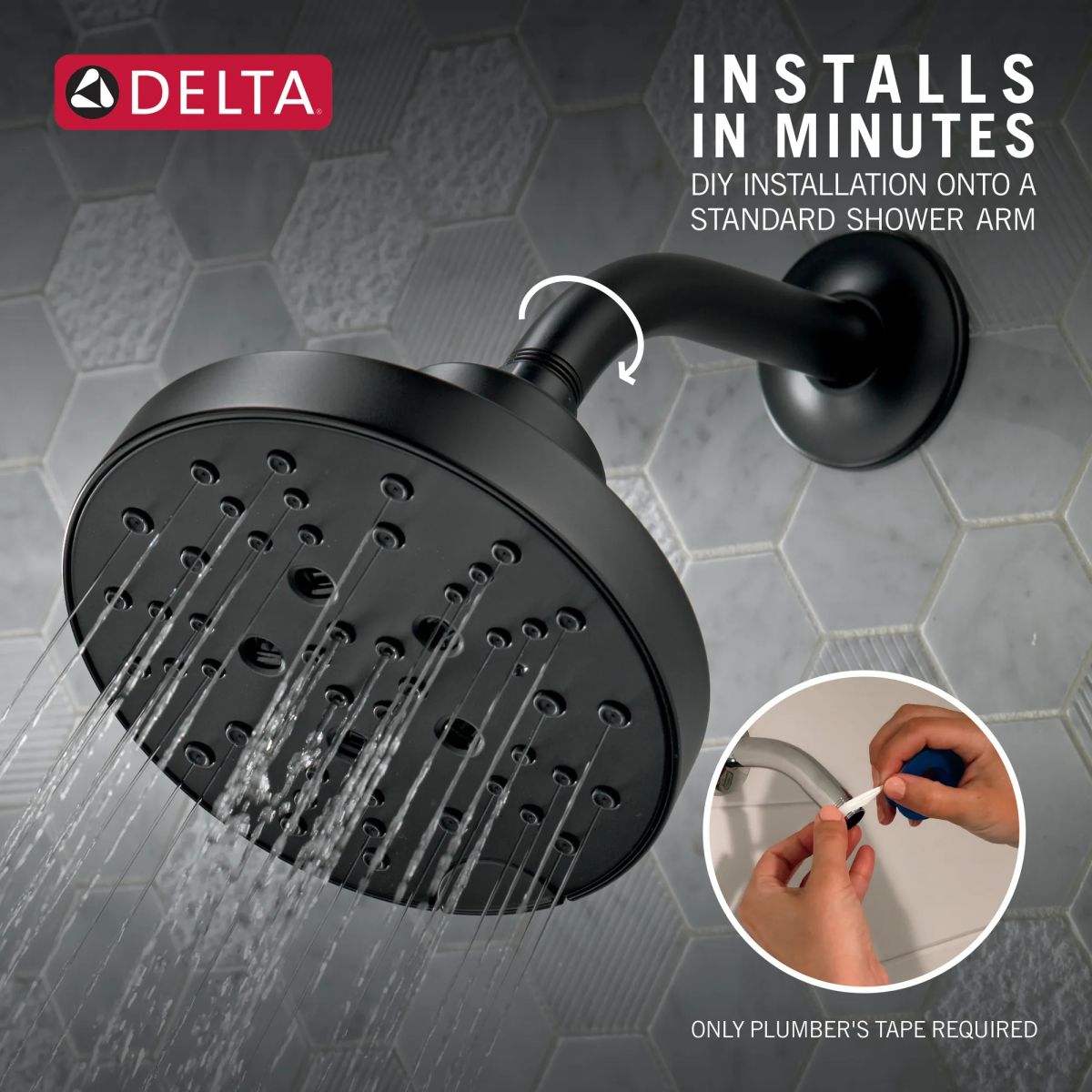 DELTA Universal Showering Components H2OKINETIC 5-Setting Contemporary Raincan Shower Head — Matte Black