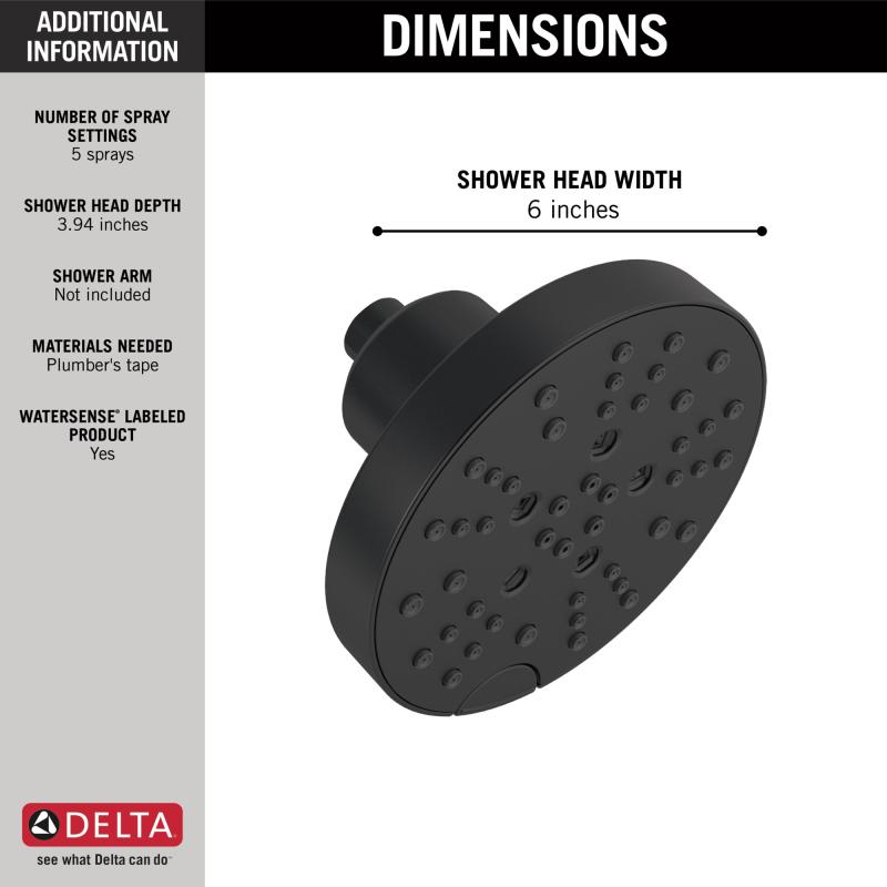DELTA Universal Showering Components H2OKINETIC 5-Setting Contemporary Raincan Shower Head — Matte Black