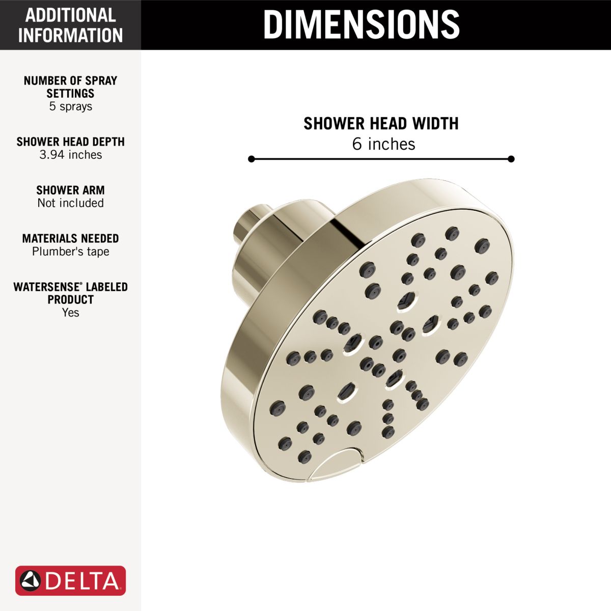 DELTA Universal Showering Components H2OKINETIC 5-Setting Contemporary Raincan Shower Head — Lumicoat® Polished Nickel