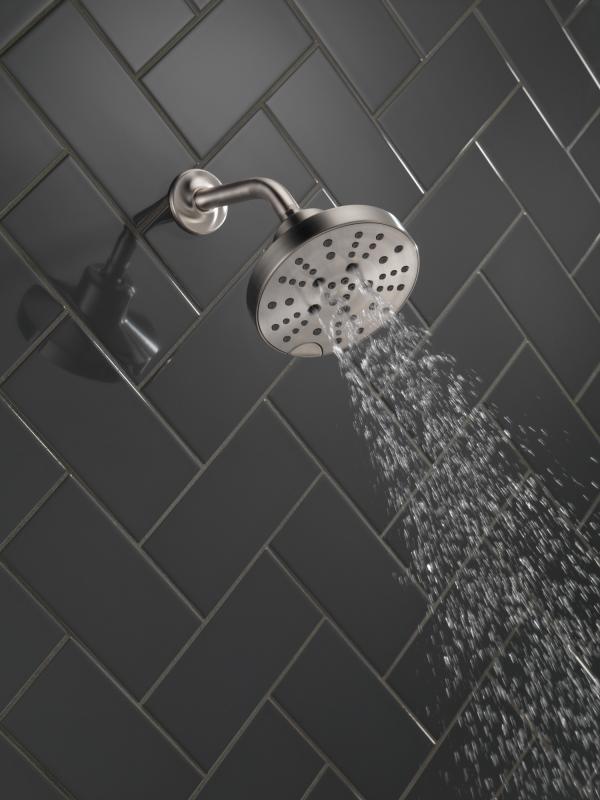 DELTA Universal Showering Components H2OKINETIC 5-Setting Contemporary Raincan Shower Head — Lumicoat® Stainless