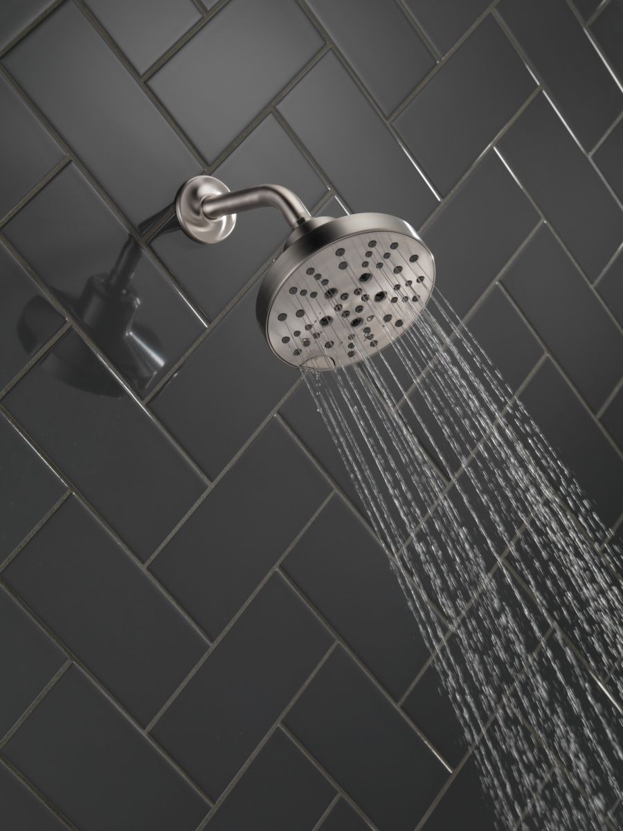 DELTA Universal Showering Components H2OKINETIC 5-Setting Contemporary Raincan Shower Head — Lumicoat® Stainless