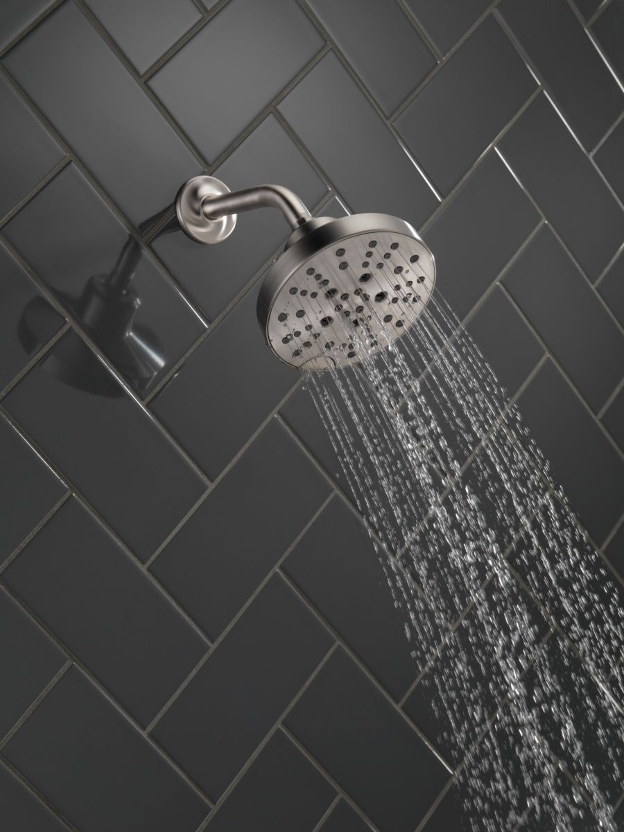 DELTA Universal Showering Components H2OKINETIC 5-Setting Contemporary Raincan Shower Head — Lumicoat® Stainless