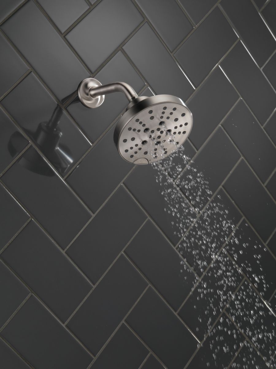 DELTA Universal Showering Components H2OKINETIC 5-Setting Contemporary Raincan Shower Head — Lumicoat® Stainless