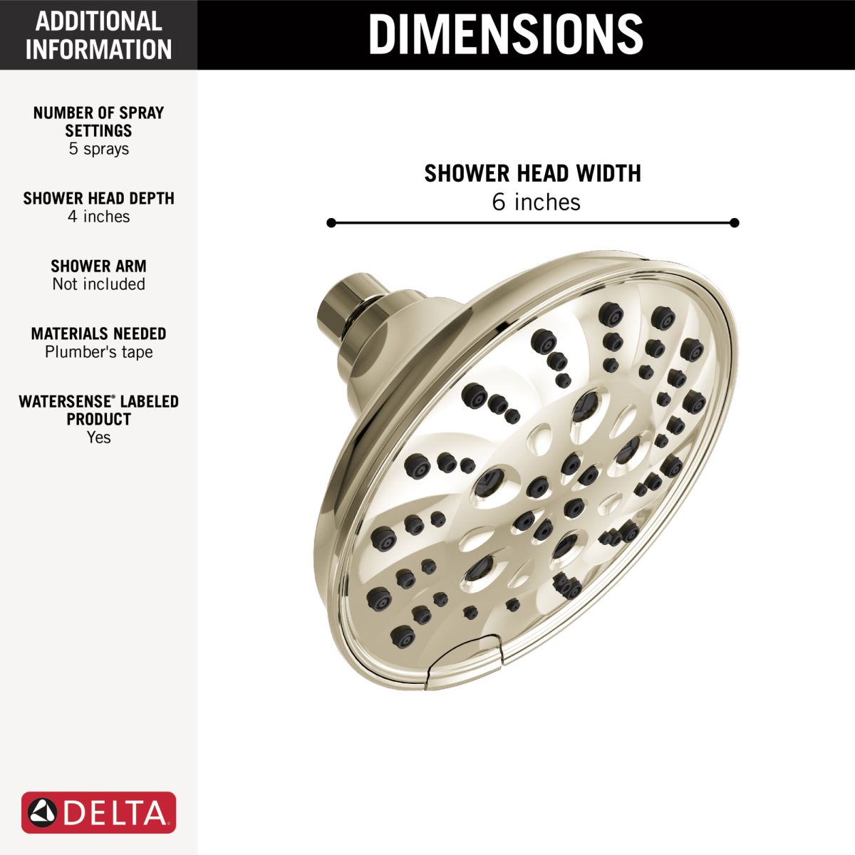 DELTA Universal Showering Components H2OKINETIC 5-Setting Traditional Raincan Shower Head — Lumicoat® Polished Nickel
