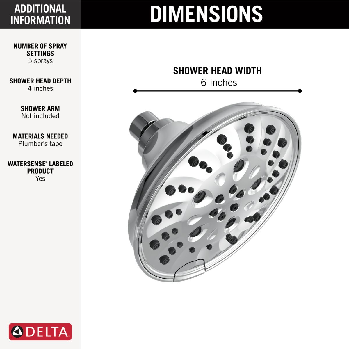 DELTA Universal Showering Components H2OKINETIC 5-Setting Traditional Raincan Shower Head — Lumicoat® Chrome