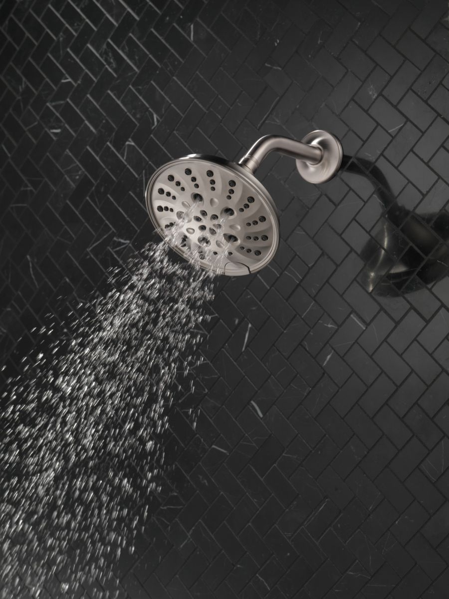 DELTA Universal Showering Components H2OKINETIC 5-Setting Traditional Raincan Shower Head — Lumicoat® Stainless