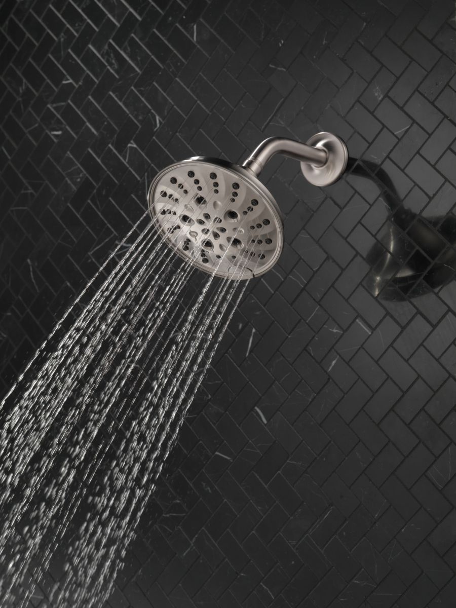 DELTA Universal Showering Components H2OKINETIC 5-Setting Traditional Raincan Shower Head — Lumicoat® Stainless