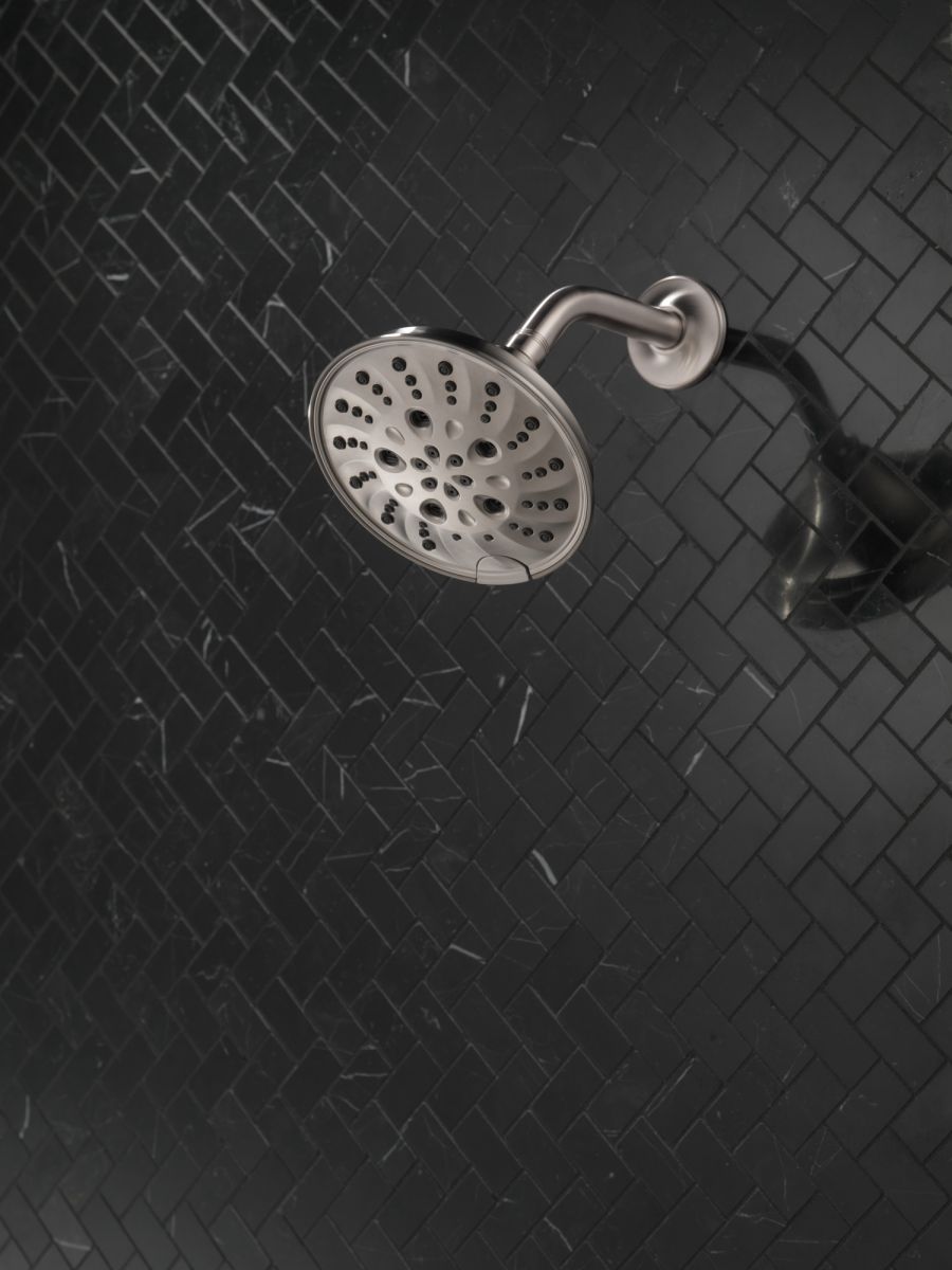 DELTA Universal Showering Components H2OKINETIC 5-Setting Traditional Raincan Shower Head — Lumicoat® Stainless