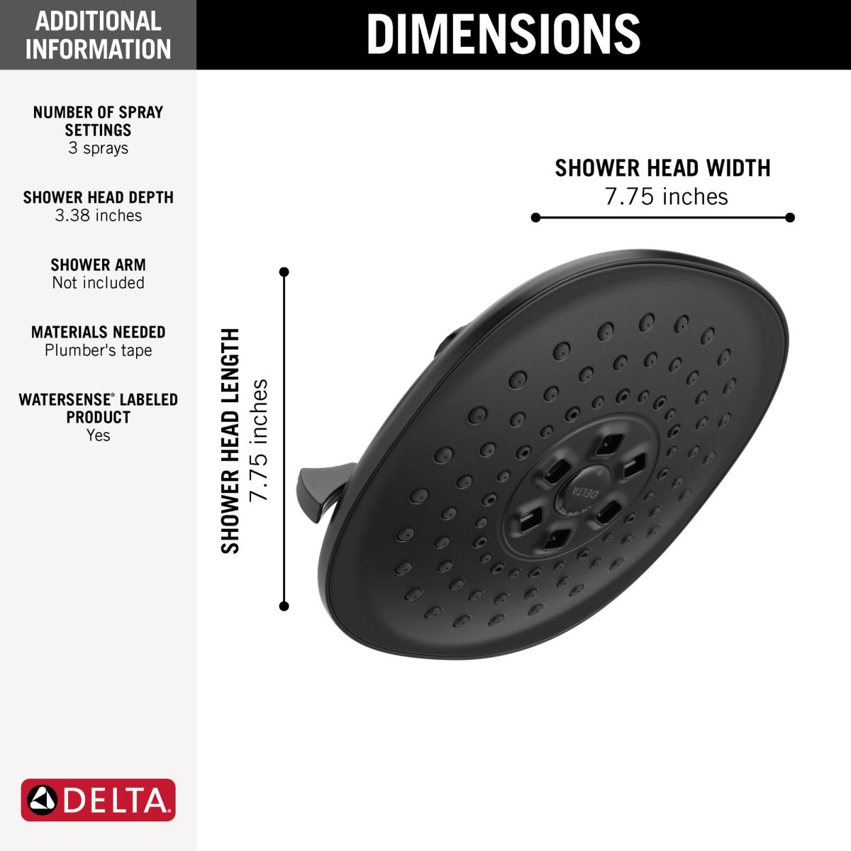 DELTA Universal Showering Components H2Okinetic(R) 3-Setting Raincan Shower Head — Matte Black
