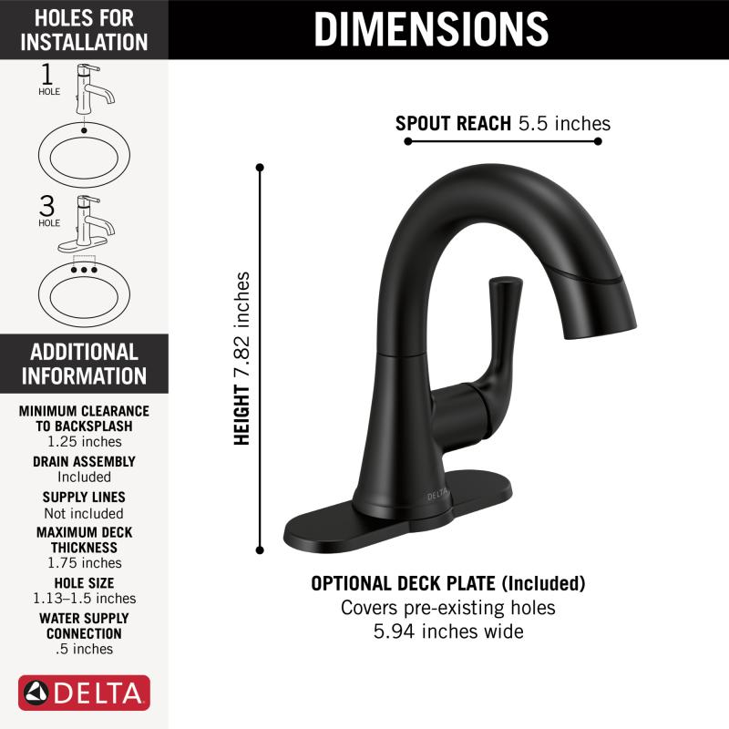 DELTA Kayra Single Handle Pull-Down Bathroom Faucet — Matte Black