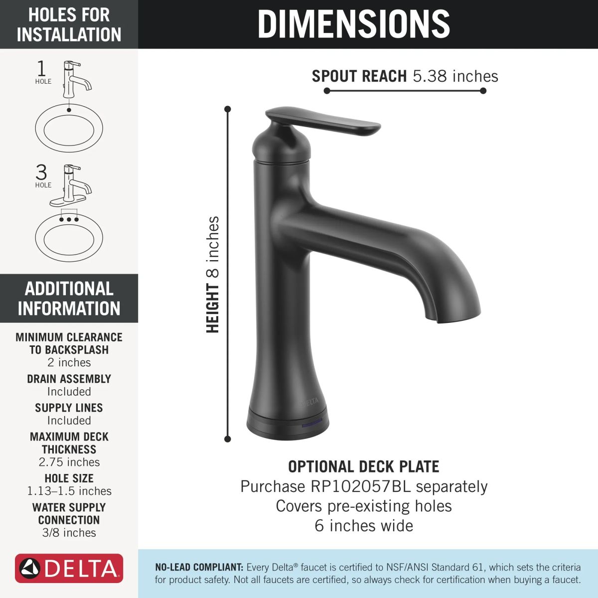 DELTA Bonacci Single Handle Bathroom Faucet with Touch20 with Touchless Technology — Matte Black