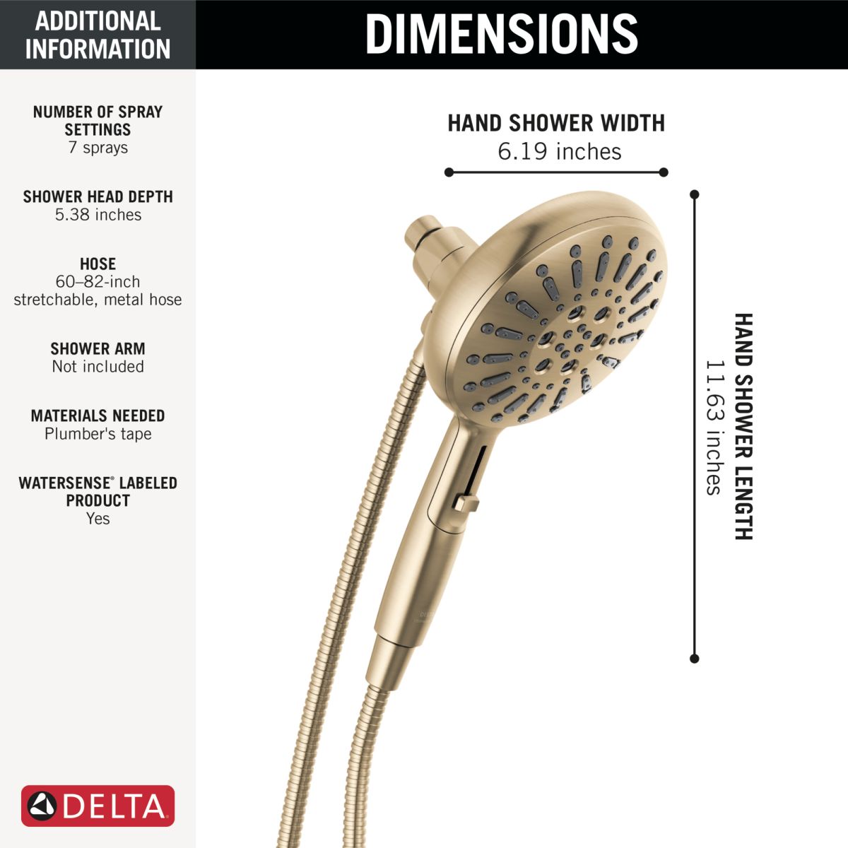 DELTA Universal Showering Components 7-Setting SureDock Magnetic Hand Shower — Lumicoat® Champagne Bronze