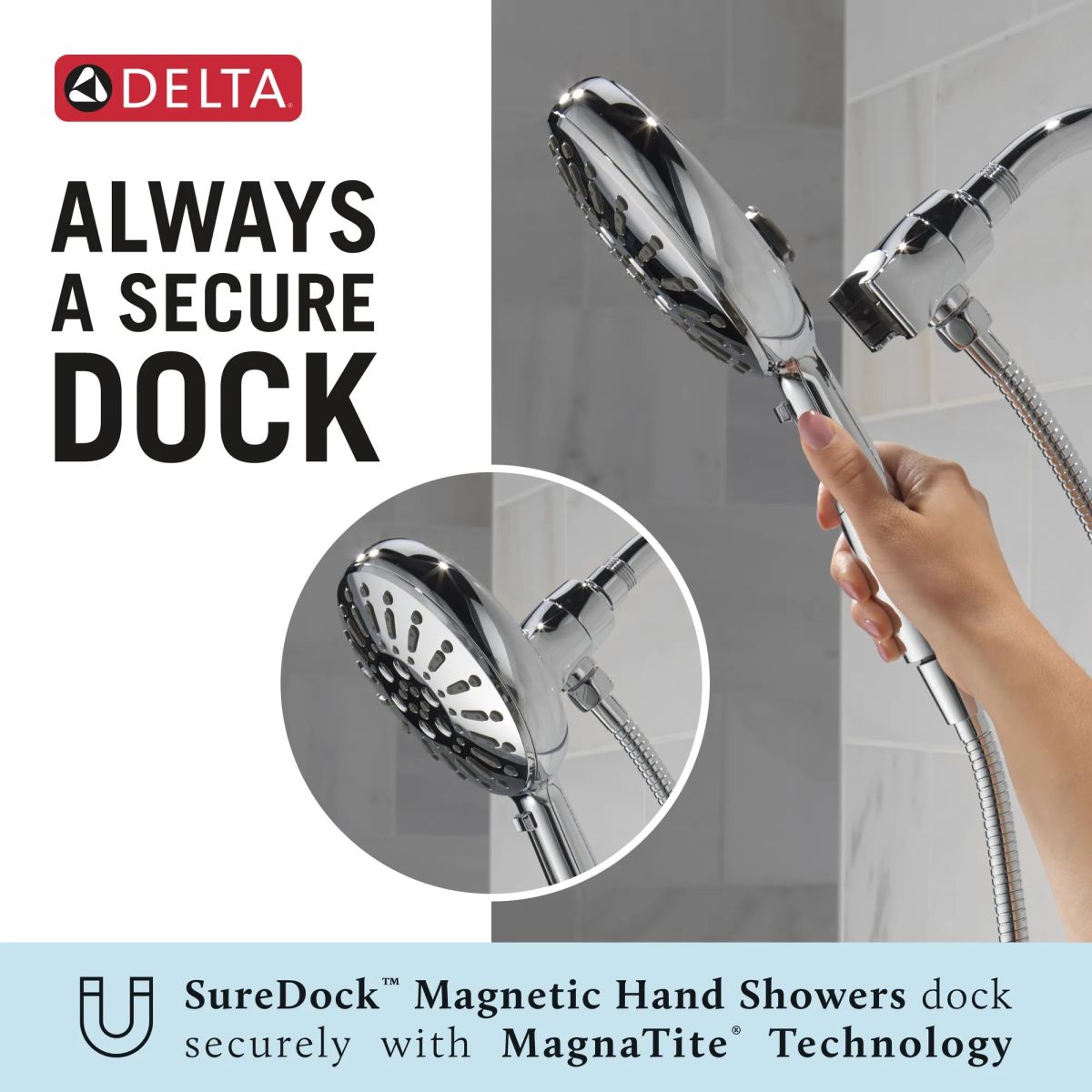 DELTA Universal Showering Components 7-Setting SureDock Magnetic Hand Shower — Lumicoat® Chrome