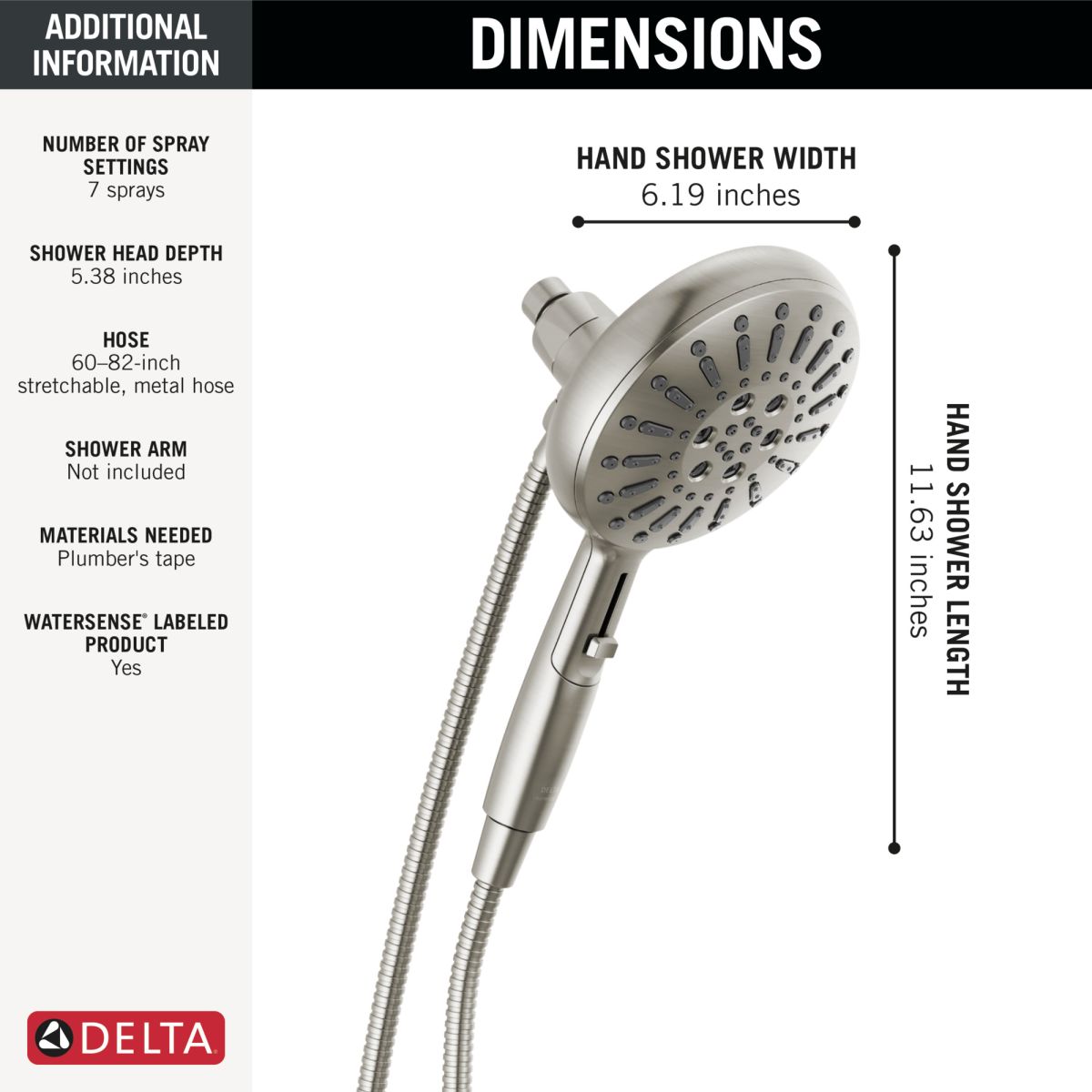 DELTA Universal Showering Components 7-Setting SureDock Magnetic Hand Shower — Lumicoat® Stainless