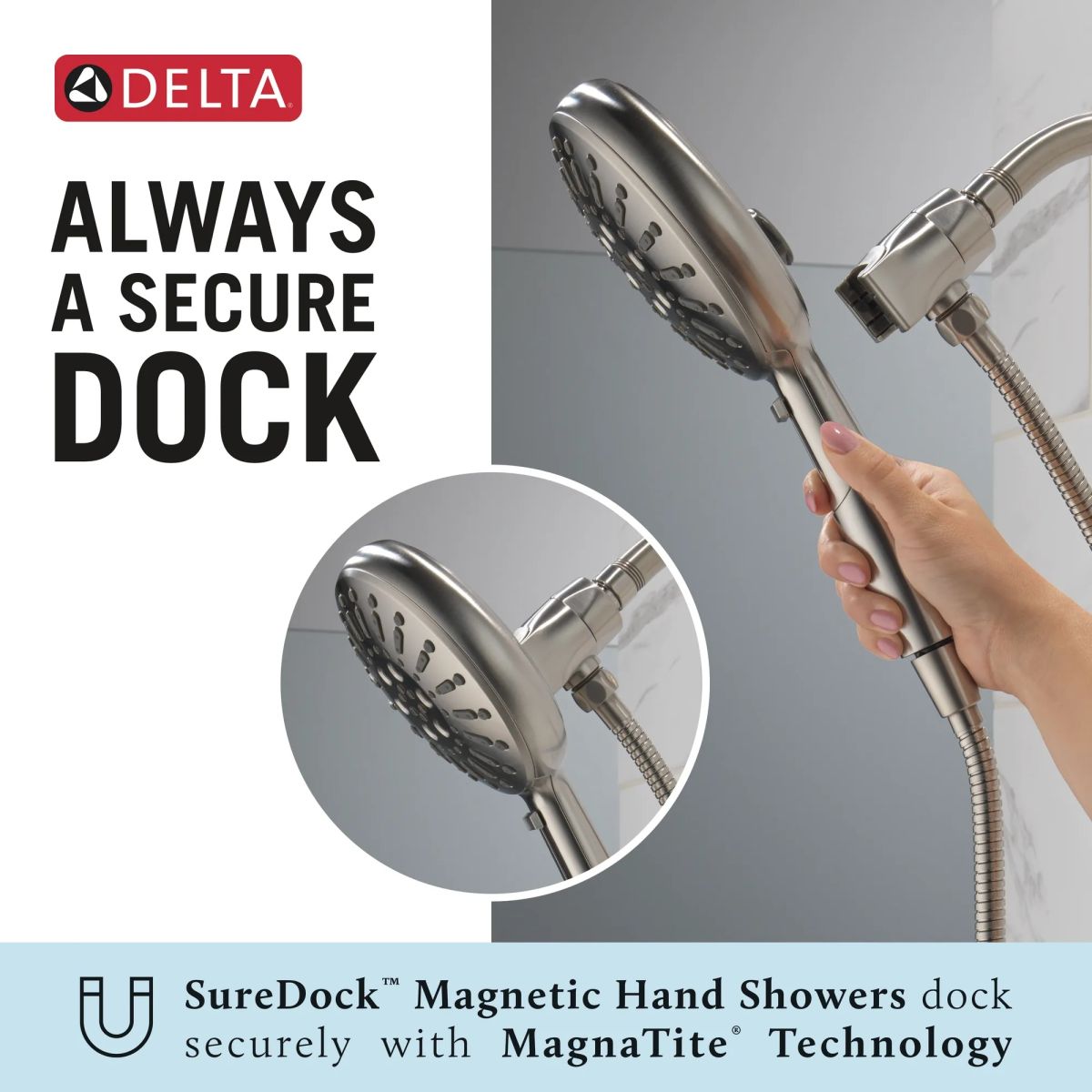 DELTA Universal Showering Components 7-Setting SureDock Magnetic Hand Shower — Lumicoat® Stainless